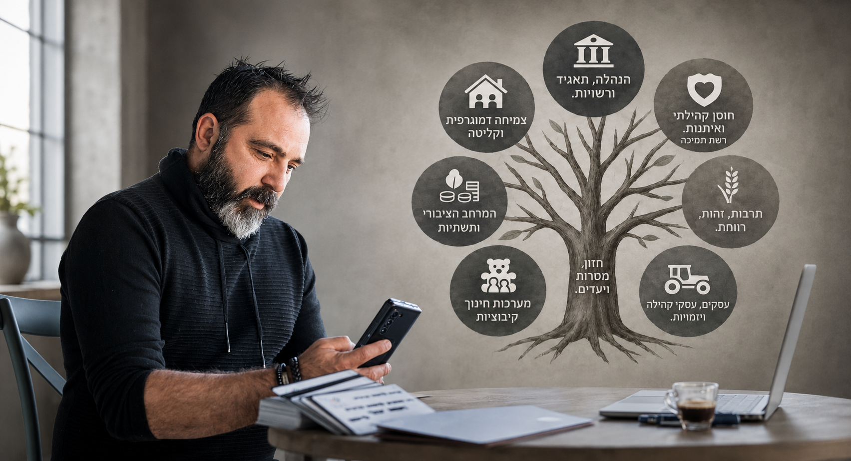 יניב גל בעבודה, ולידו מפת עולמות העבודה בקהילה ובקיבוץ