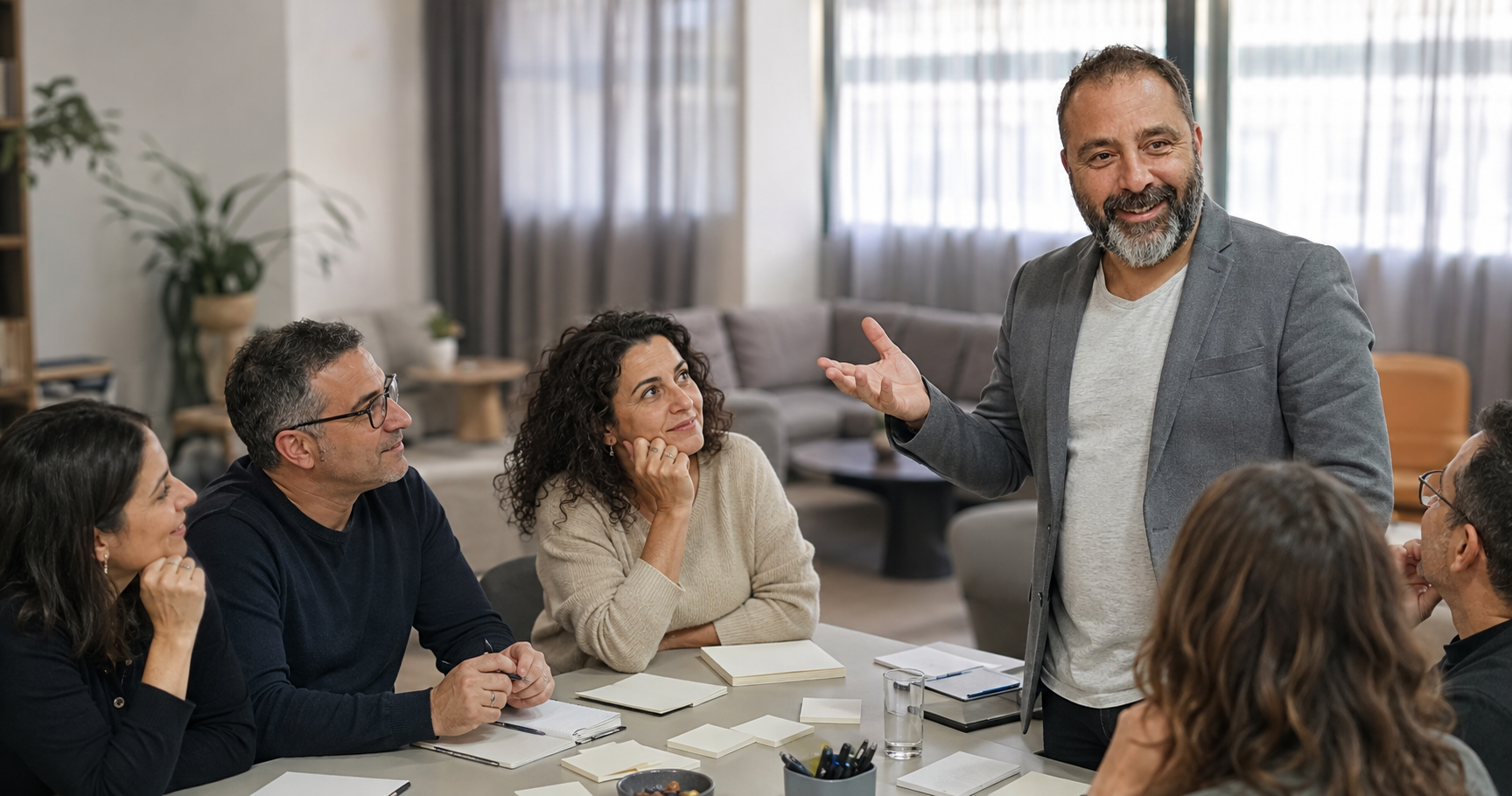 יניב גל מנחה מפגש עם צוות הוראה סביב שולחן עבודה