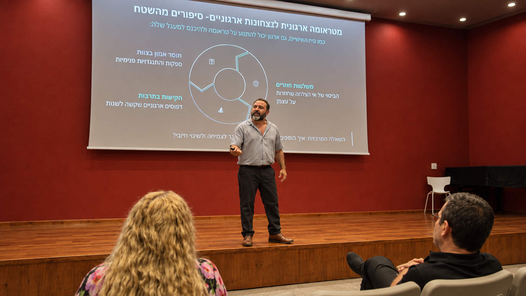 יניב גל מרצה על במה מול מסך מצגת וקהל באולם